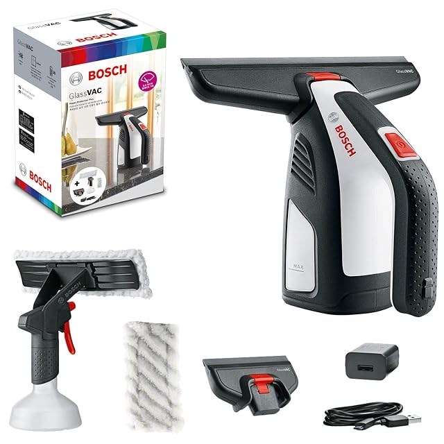 Lavavetri elettrico senza filo Bosch GlassVAC con flacone spray e panno in microfibra, fotografia del prodotto
