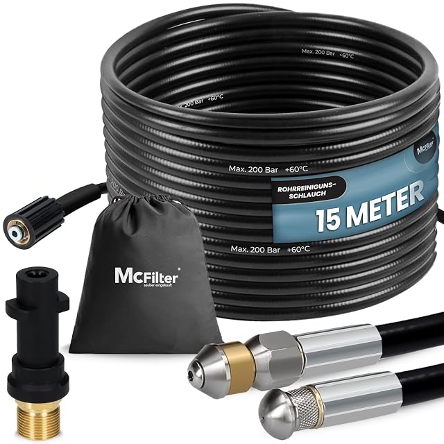 Set tubo per pulizia scarichi McFilter da 15 metri per idropulitrici, fotografia del prodotto